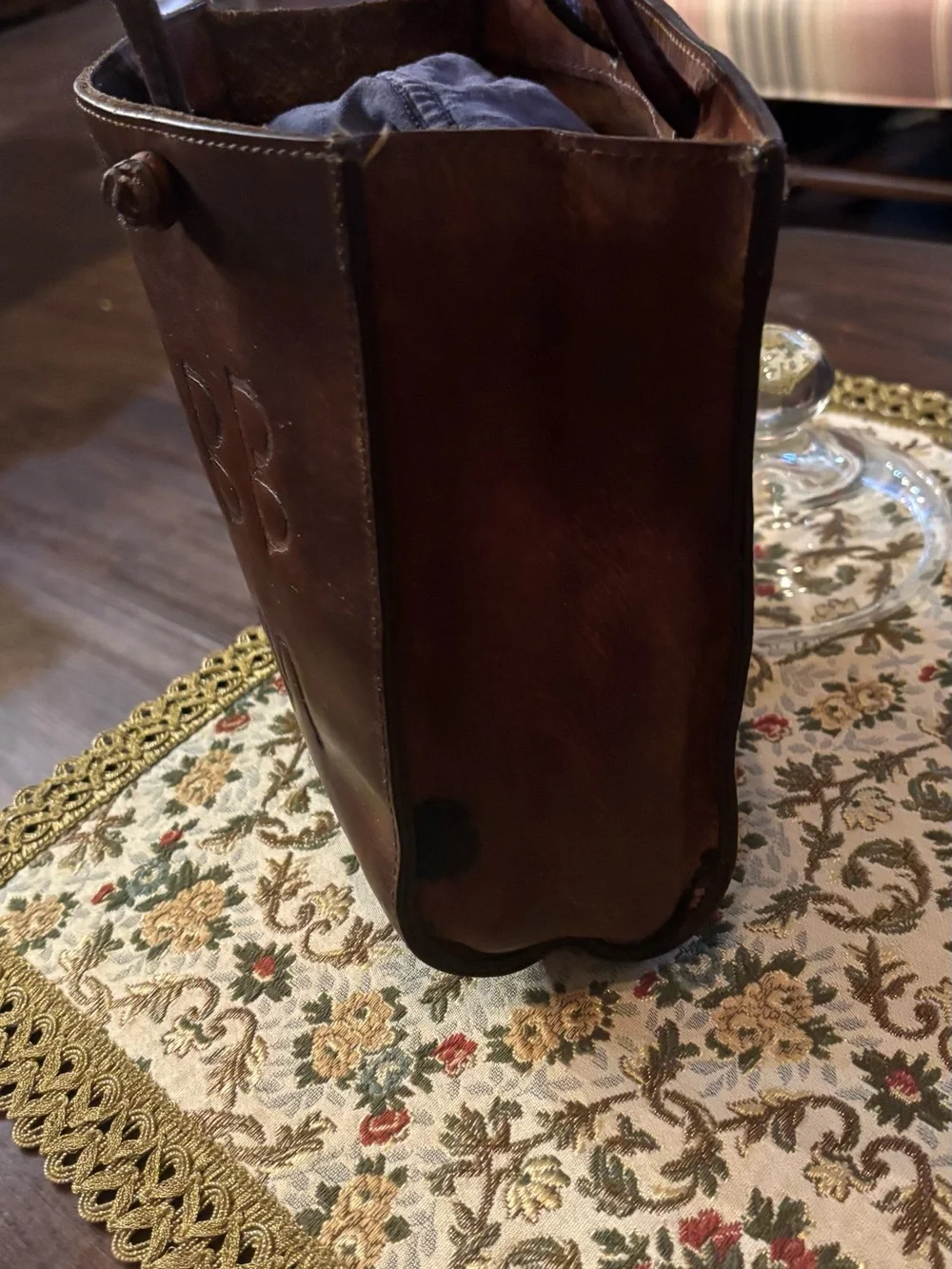 Two Bar West Small Brown Leather Western Tote Purse Embossed Brand Handbag